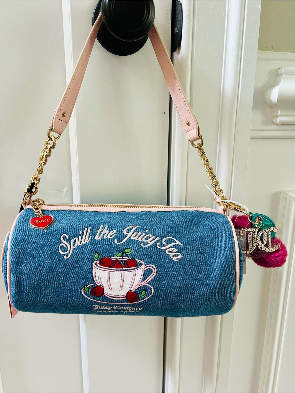 Juicy Couture Spill The Juice Tea Sweet Tea Party Shoulder Barrel Bag Denim NWT